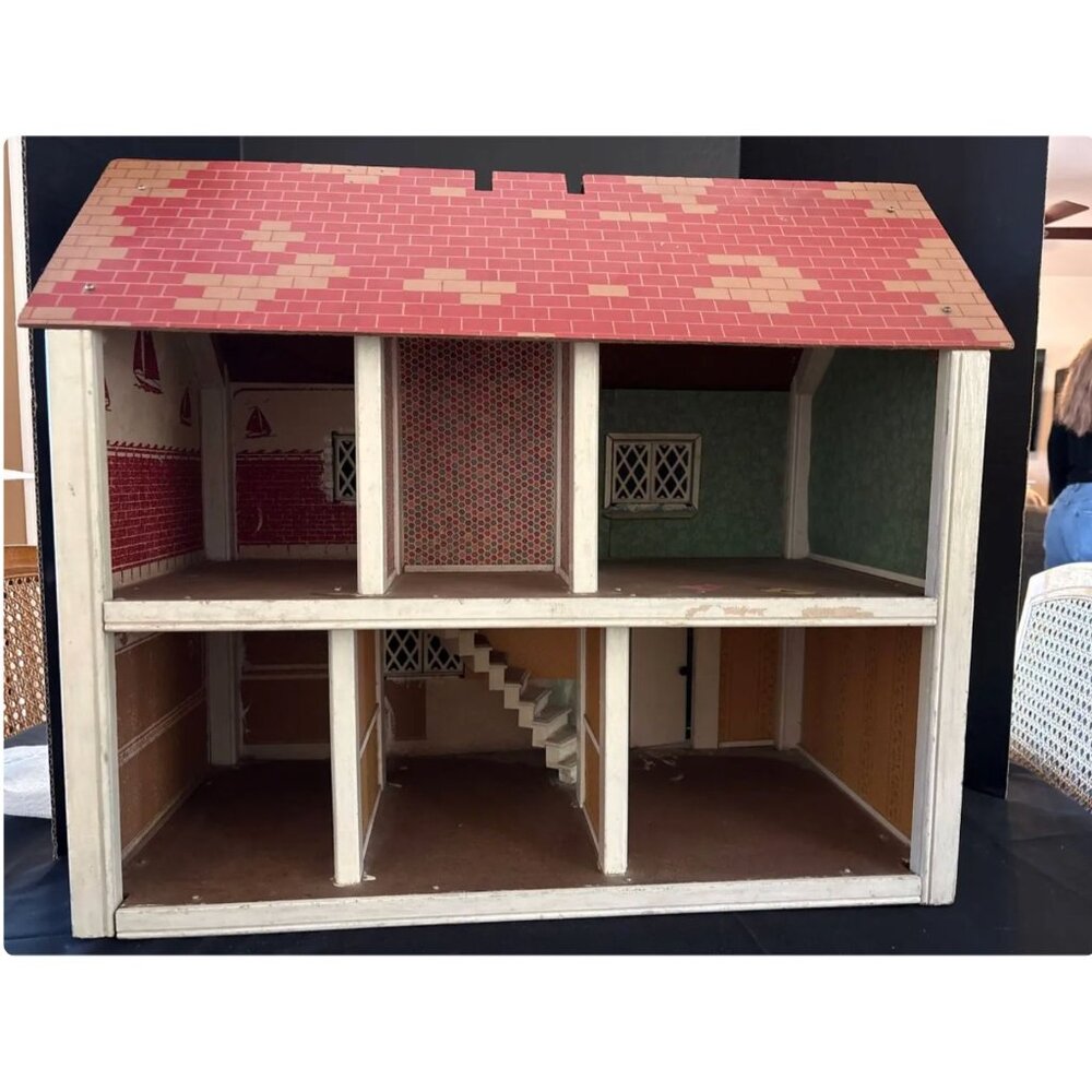 Vintage 2 Story Wooden Dollhouse Litho Exterior Large 24” Mid Century - Picture 3 of 14